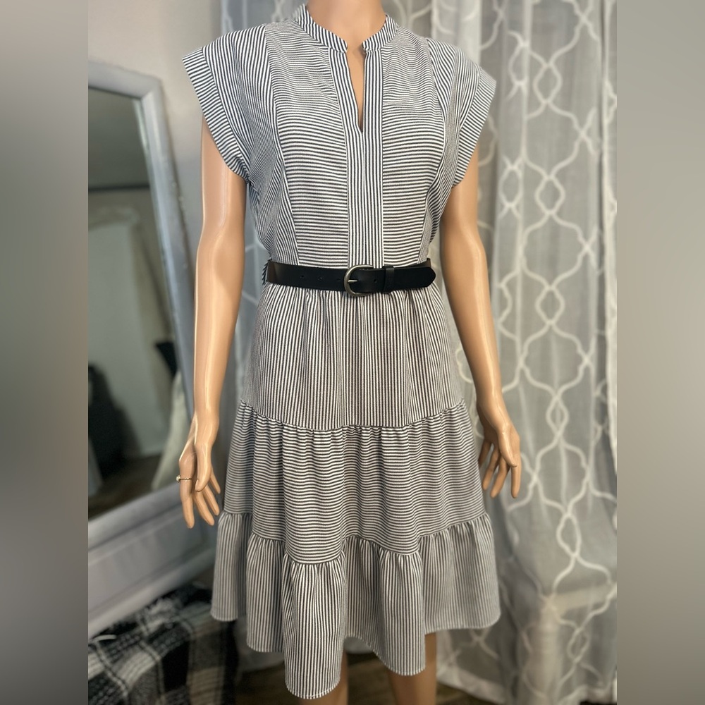 Monteau Black and White Striped Midi Dress